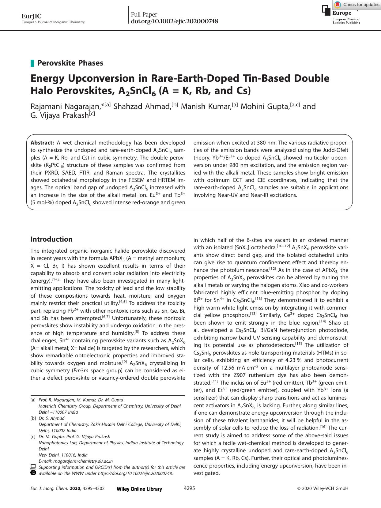 Energy Upconversion in RareâEarthâDoped TinâBased Double Halo Perovskites, A2SnCl6 (A = K, Rb, and Cs) by Unknown