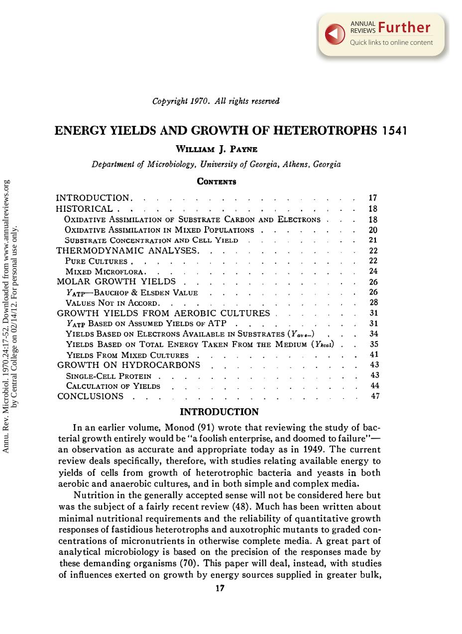 Energy Yields and Growth of Heterotrophs by W J Payne