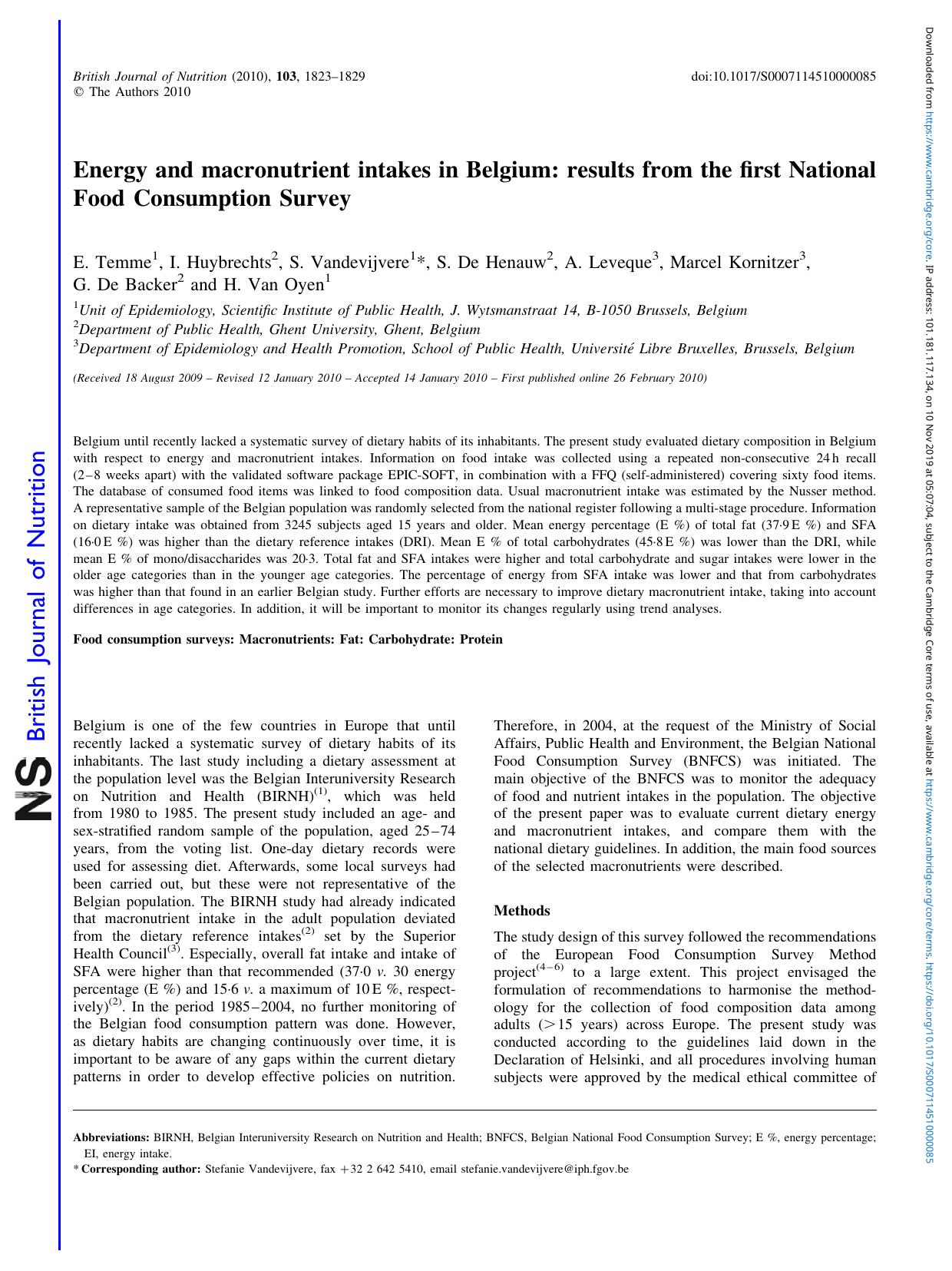 Energy and macronutrient intakes in Belgium: results from the first National Food Consumption Survey by unknow