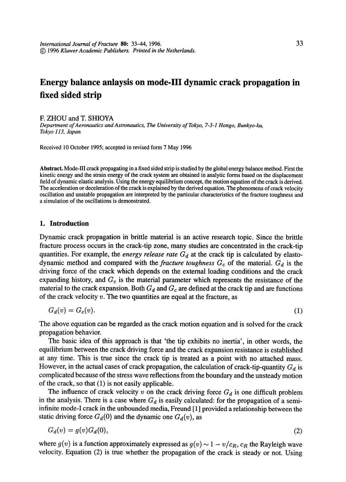 Energy balance anlaysis on mode-III dynamic crack propagation in fixed sided strip by Unknown