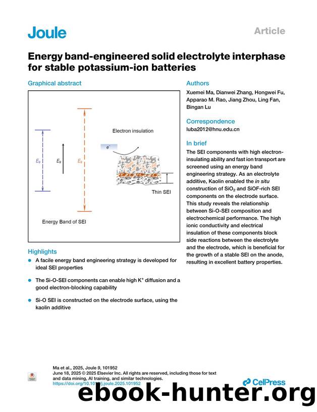 Energy band-engineered solid electrolyte interphase for stable potassium-ion batteries by Xuemei Ma & Dianwei Zhang & Hongwei Fu & Apparao M. Rao & Jiang Zhou & Ling Fan & Bingan Lu
