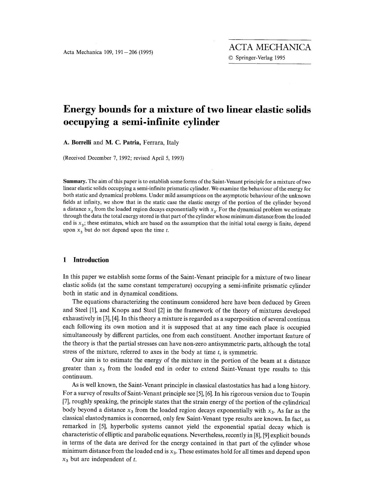 Energy bounds for a mixture of two linear elastic solids occupying a semi-infinite cylinder by Unknown