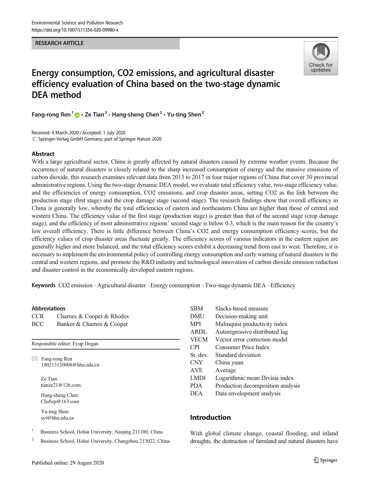 Energy consumption, CO2 emissions, and agricultural disaster efficiency evaluation of China based on the two-stage dynamic DEA method by Fang-rong Ren & Ze Tian & Hang-sheng Chen & Yu-ting Shen