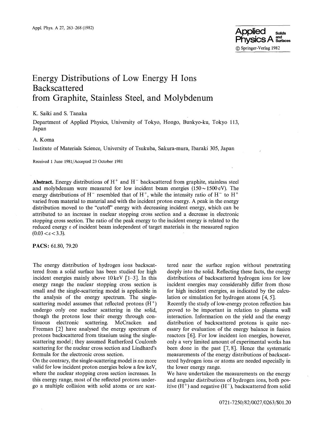 Energy distributions of low energy H ions backscattered from graphite, stainless steel, and molybdenum by Unknown