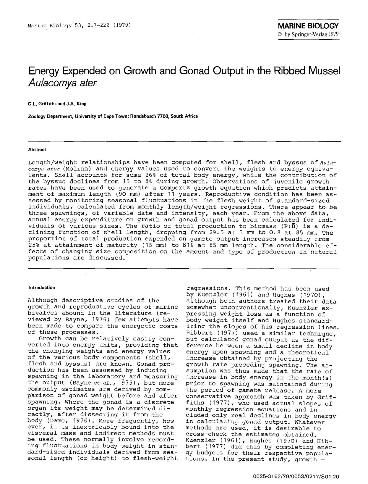 Energy expended on growth and gonad output in the ribbed mussel <Emphasis Type="Italic">Aulacomya ater <Emphasis> by Unknown