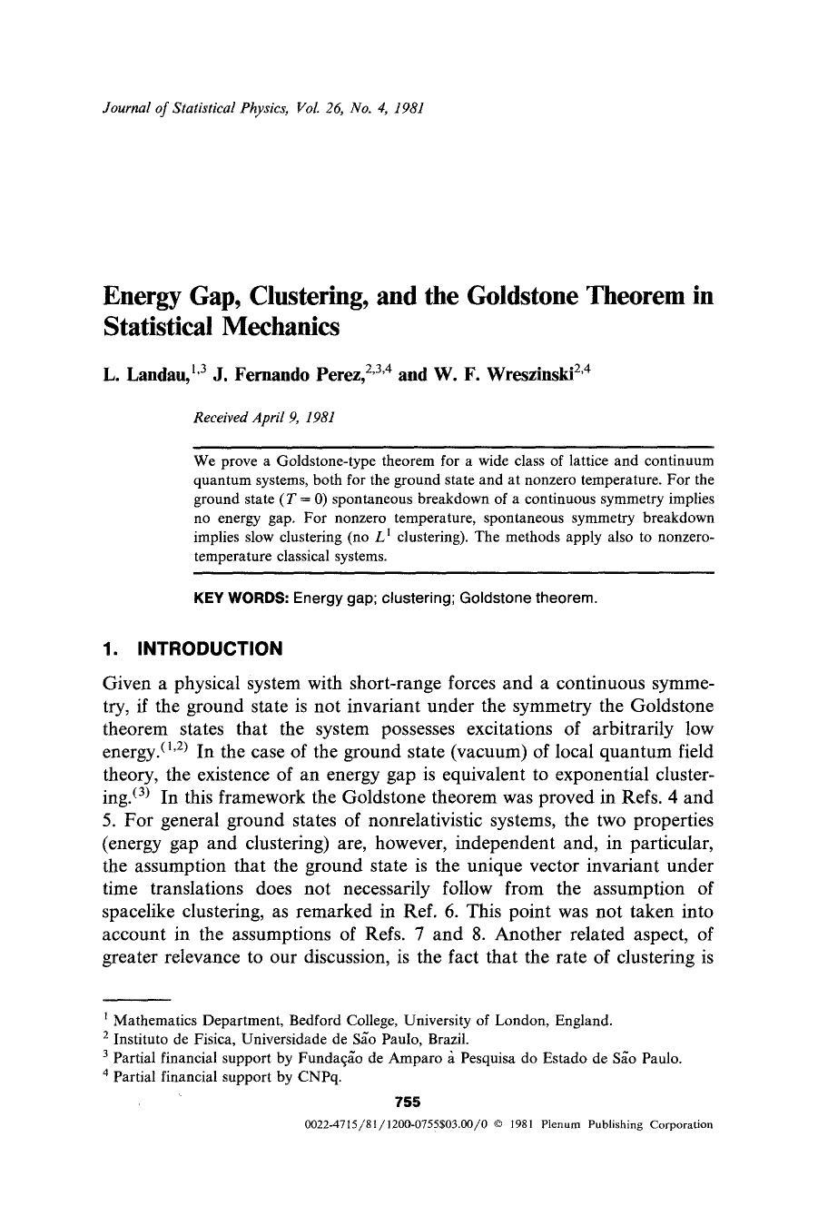 Energy gap, clustering, and the Goldstone theorem in statistical mechanics by Unknown