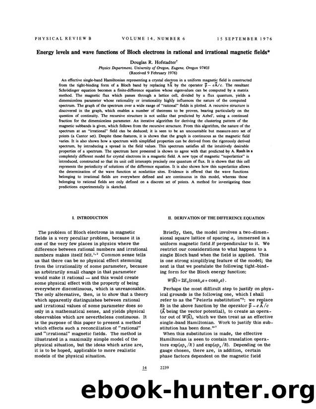 Energy levels and wave functions of Bloch electrons in rational and irrational magnetic fields by Douglas R. Hofstadter