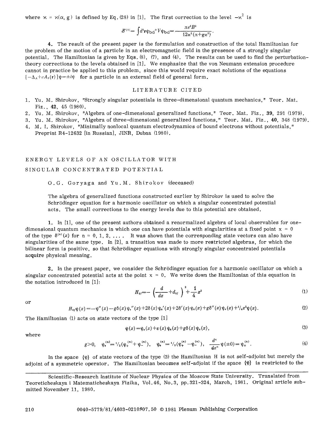 Energy levels of an oscillator with singular concentrated potential by Unknown