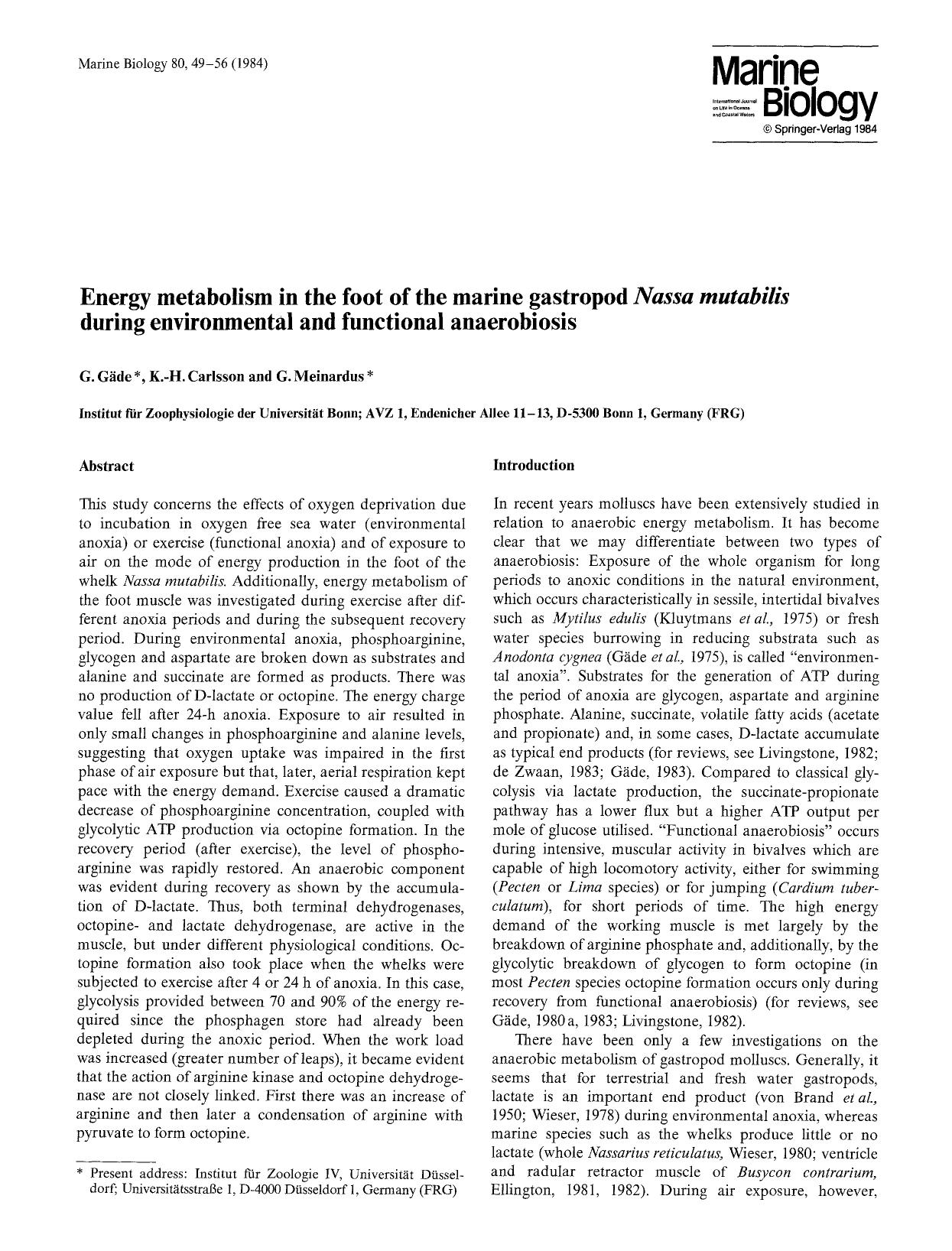 Energy metabolism in the foot of the marine gastropod <Emphasis Type="Italic">Nassa mutabilis<Emphasis> during environmental and functional anaerobiosis by Unknown