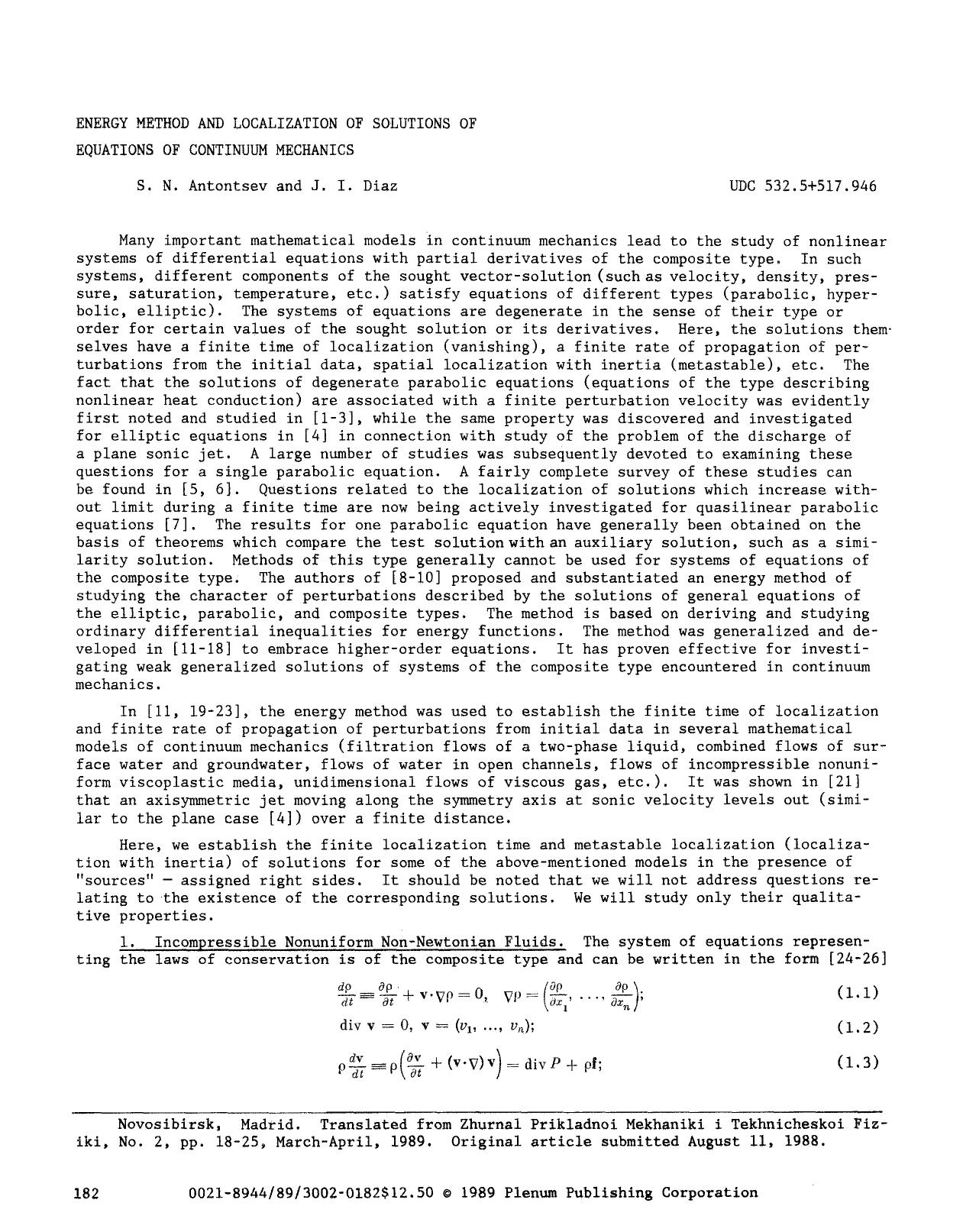 Energy method and localization of solutions of equations of continuum mechanics by Unknown