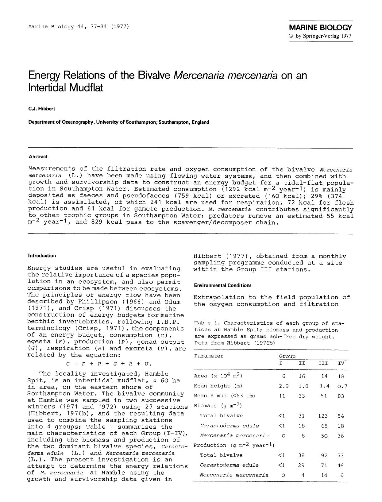 Energy relations of the bivalve <Emphasis Type="Italic">Mercenaria mercenaria<Emphasis> on an intertidal mudflat by Unknown