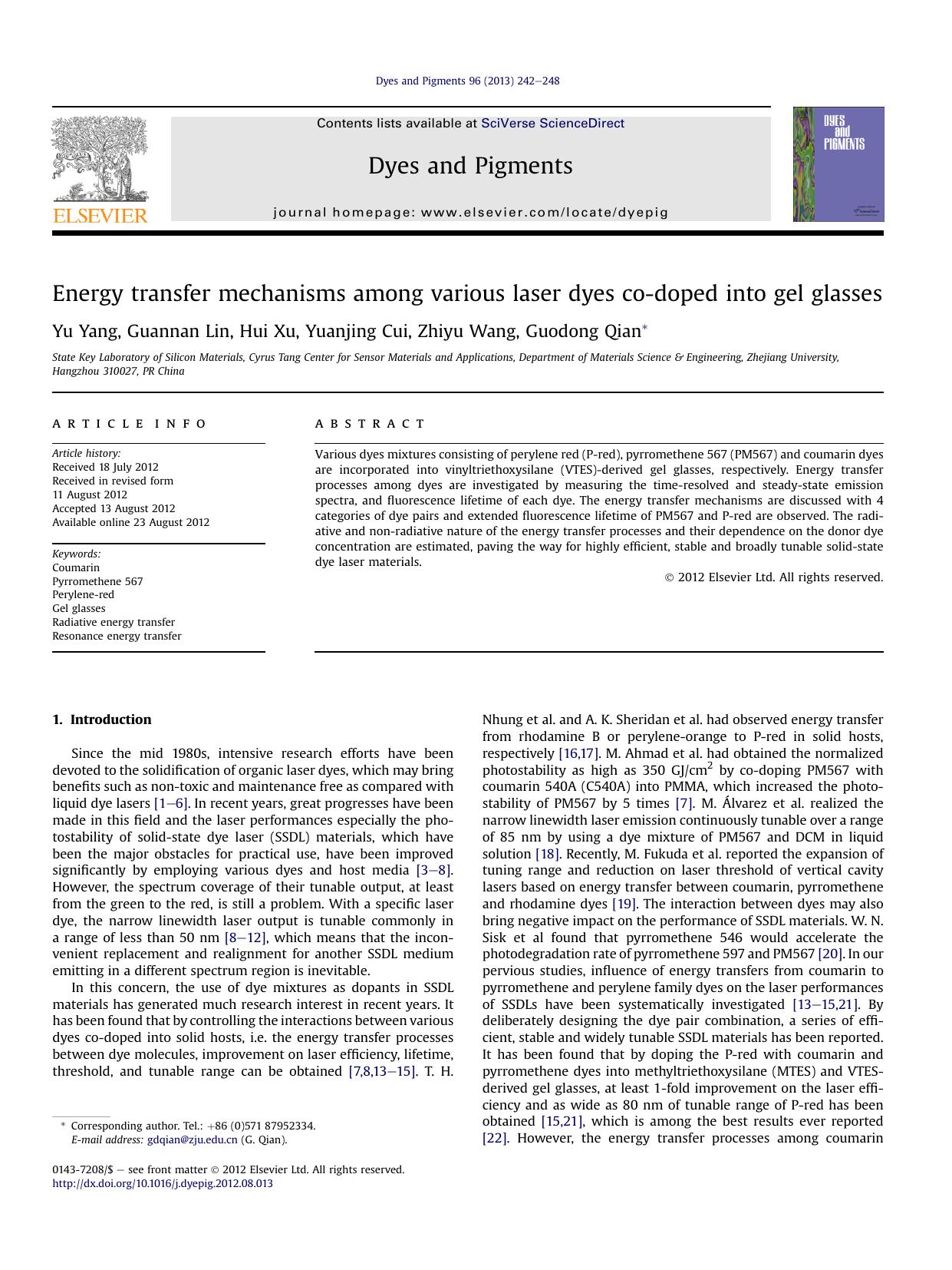 Energy transfer mechanisms among various laser dyes co-doped into gel glasses by Yu Yang & Guannan Lin & Hui Xu & Yuanjing Cui & Zhiyu Wang & Guodong Qian