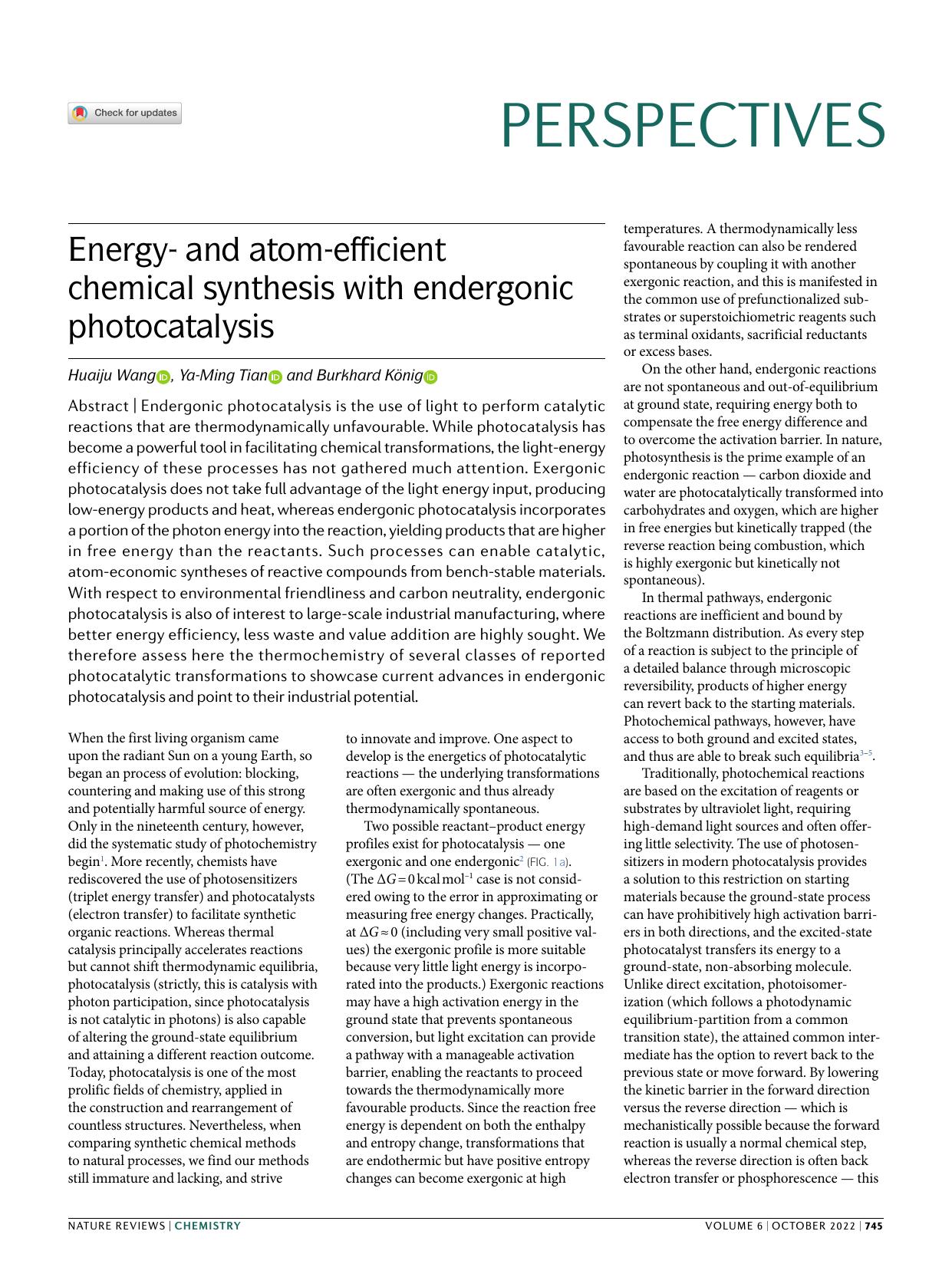 Energy- and atom-efficient chemical synthesis with endergonic photocatalysis by Huaiju Wang & Ya-Ming Tian & Burkhard König