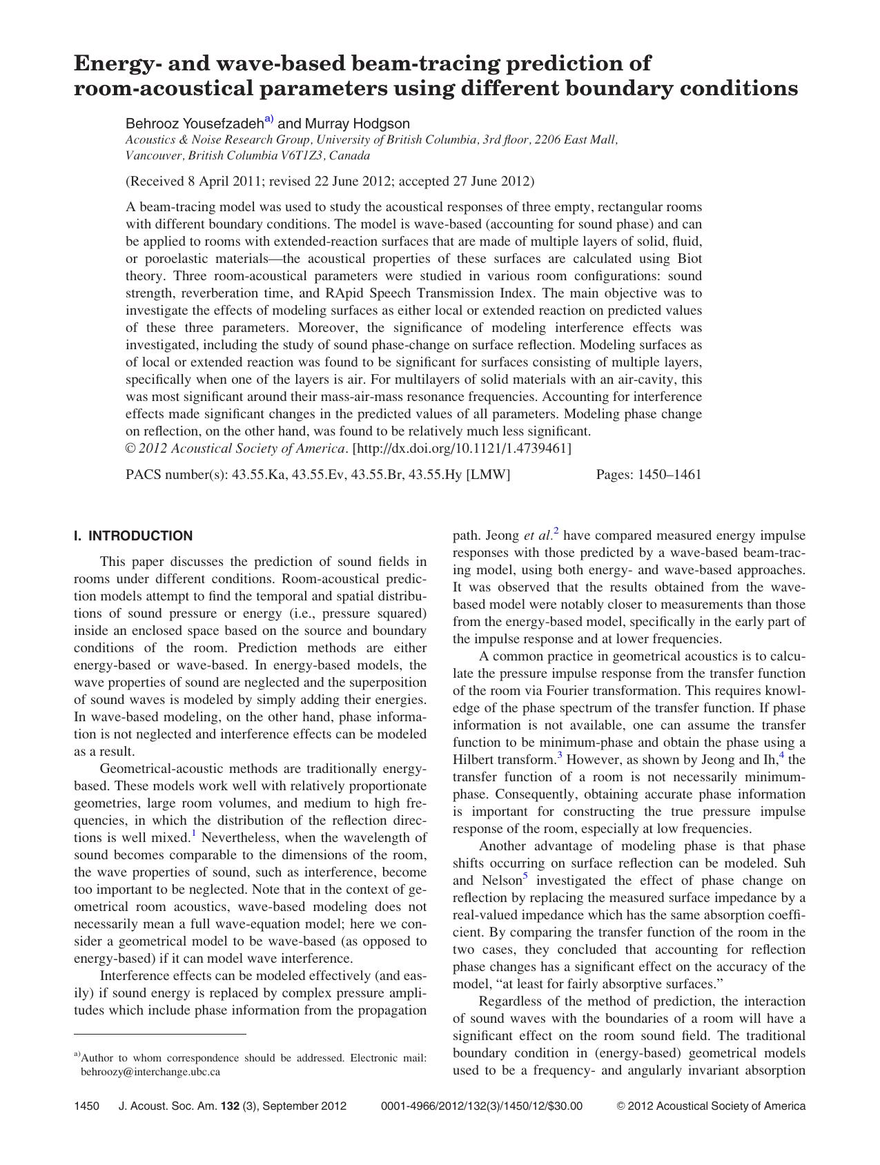 Energy- and wave-based beam-tracing prediction of room-acoustical parameters using different boundary conditions by Behrooz Yousefzadeha) and Murray Hodgson