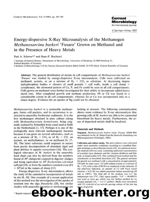 Energy-dispersive X-ray microanalysis of the methanogen <Emphasis Type="Italic">Methanosarcina barkeri <Emphasis> &#x2018;Fusaro&#x2019; grown on methanol and in the presence of heavy metals by Unknown