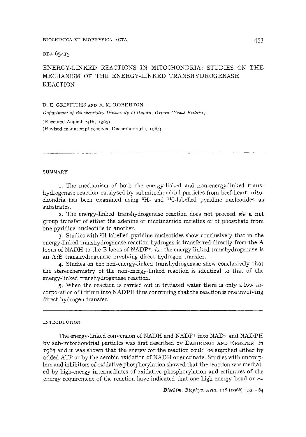 Energy-linked reactions in mitochondria: Studies on the mechanism of the energy-linked transhydrogenase reaction by D.E. Griffiths; A.M. Roberton