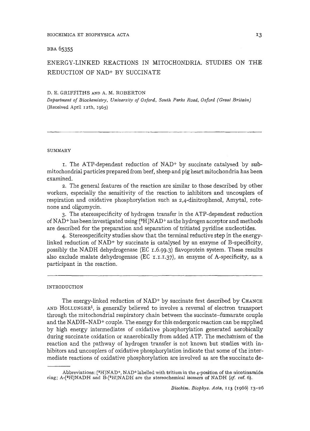 Energy-linked reactions in mitochondria. Studies on the reduction of NAD+ by succinate by D.E. Griffiths; A.M. Roberton
