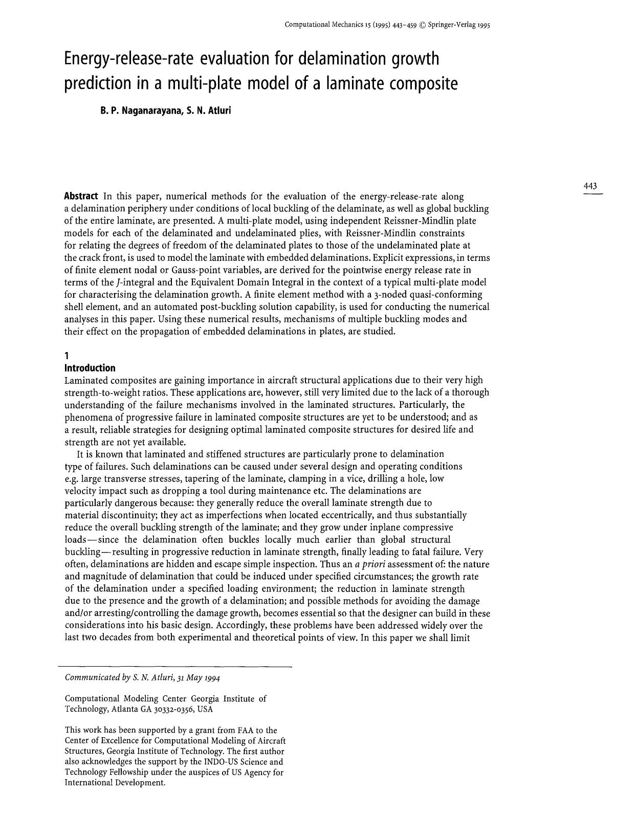Energy-release-rate evaluation for delamination growth prediction in a multi-plate model of a laminate composite by Unknown