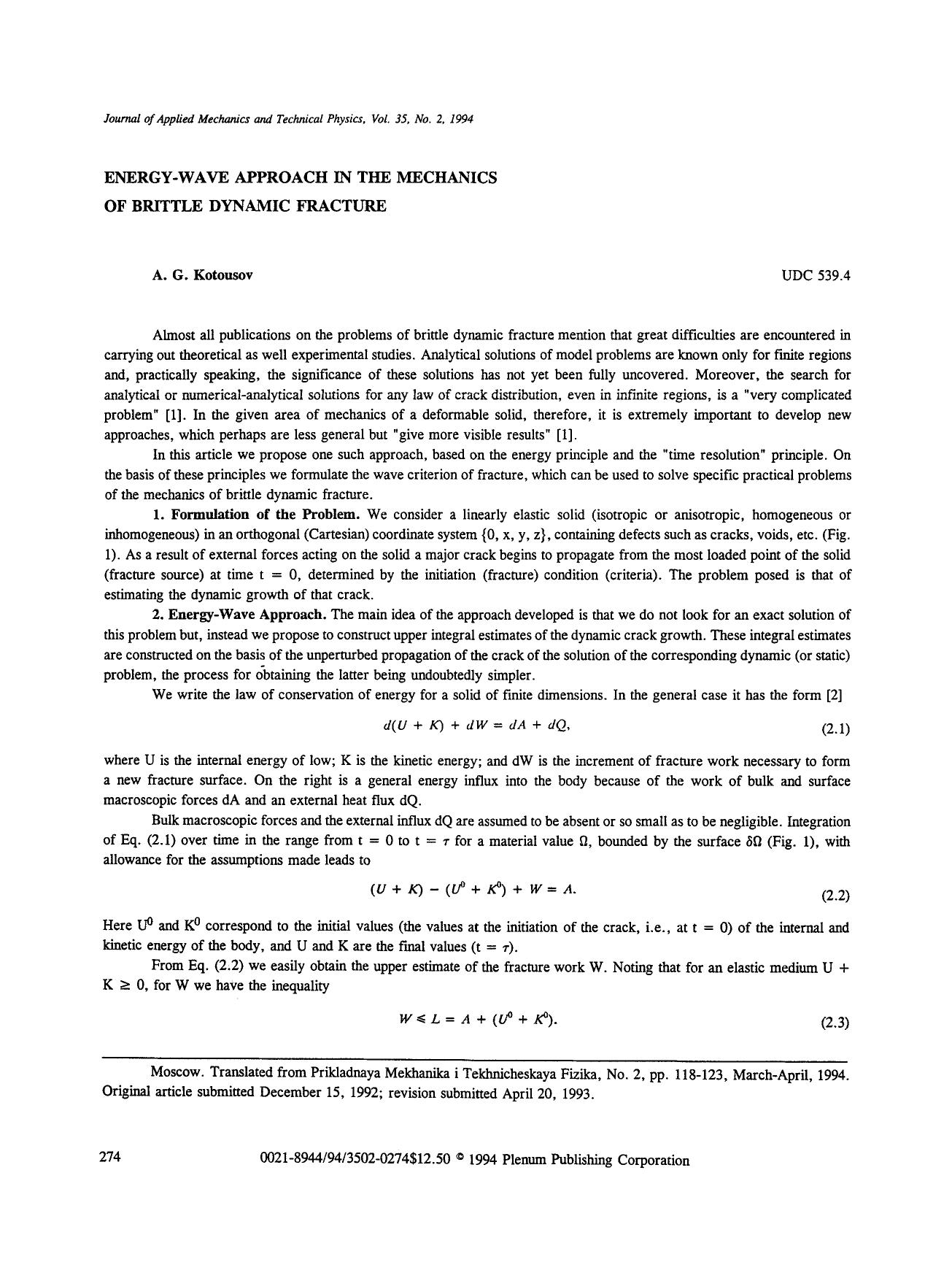 Energy-wave approach in the mechanics of brittle dynamic fracture by Unknown