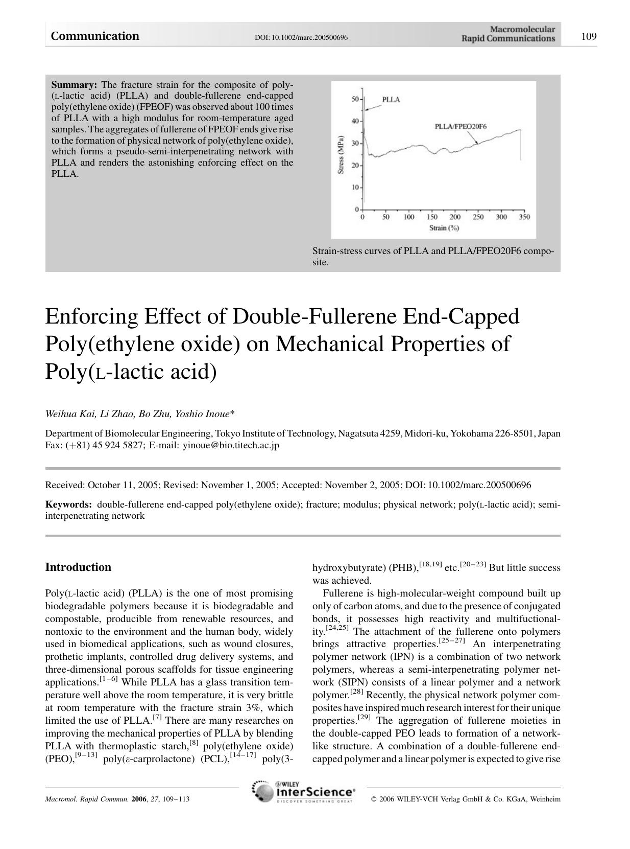 Enforcing Effect of Double-Fullerene End-Capped Poly(ethylene oxide) on Mechanical Properties of Poly(L-lactic acid) by Unknown
