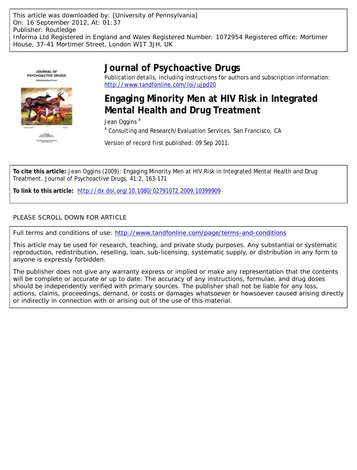 Engaging Minority Men at HIV Risk in Integrated Mental Health and Drug Treatment by Jean Oggins a jeanoggins@yahoo.com