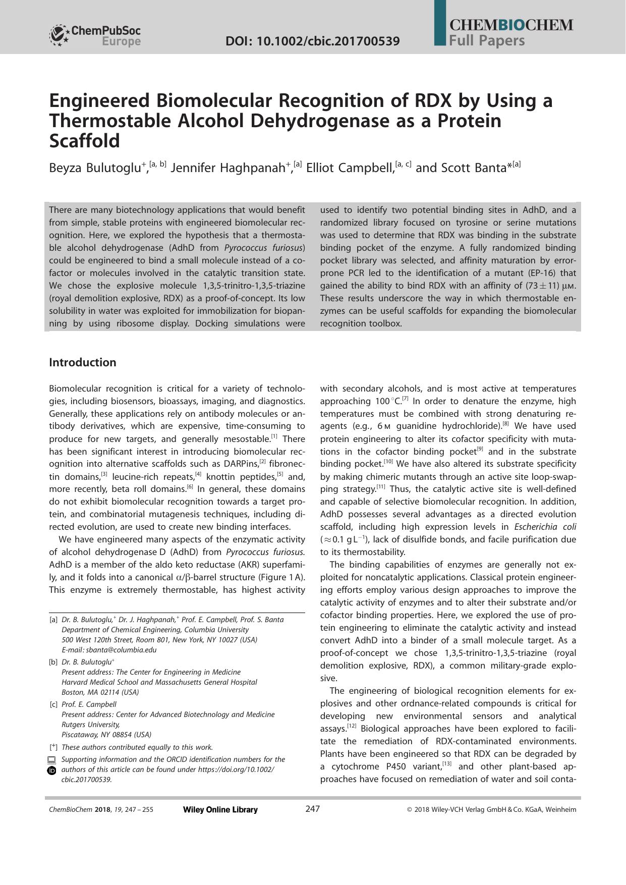 Engineered Biomolecular Recognition of RDX by Using a Thermostable Alcohol Dehydrogenase as a Protein Scaffold by Unknown