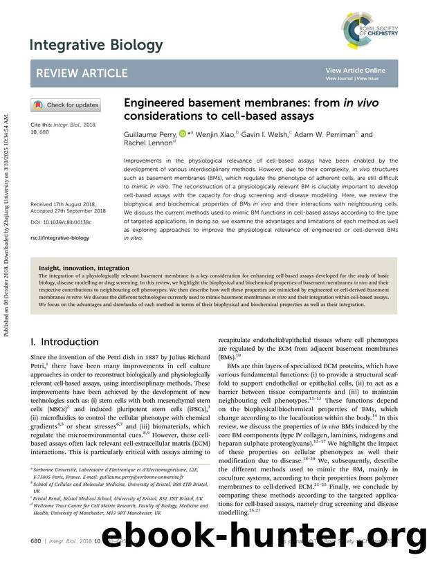 Engineered basement membranes: from in vivo considerations to cell-based assays by Guillaume Perry & Wenjin Xiao & Gavin I. Welsh & Adam W. Perriman & Rachel Lennon
