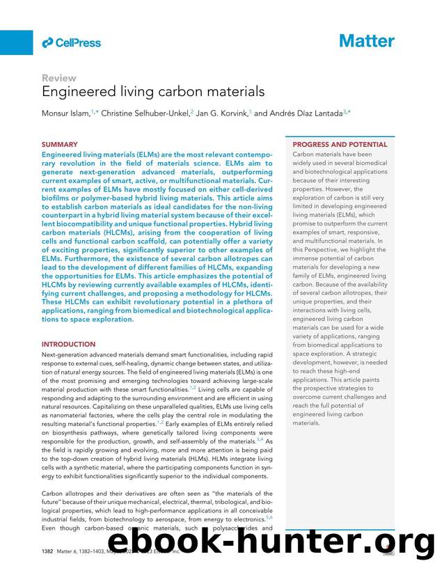Engineered living carbon materials by Monsur Islam & Christine Selhuber-Unkel & Jan G. Korvink & Andrés Díaz Lantada