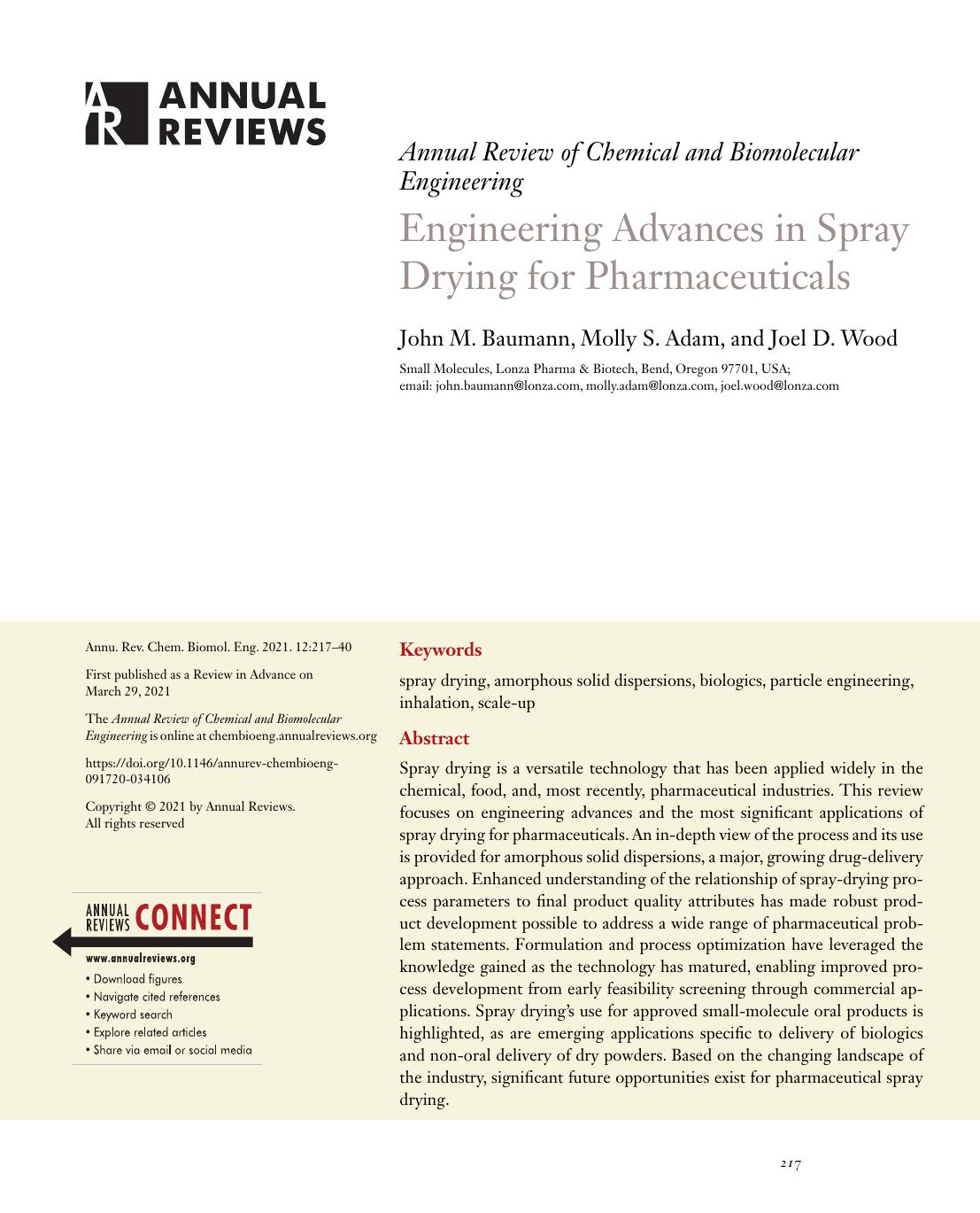 Engineering Advances in Spray Drying for Pharmaceuticals by John M. Baumann Molly S. Adam and Joel D. Wood
