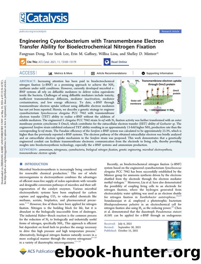 Engineering Cyanobacterium with Transmembrane Electron Transfer Ability for Bioelectrochemical Nitrogen Fixation by Fangyuan Dong Yoo Seok Lee Erin M. Gaffney Willisa Liou & Shelley D. Minteer