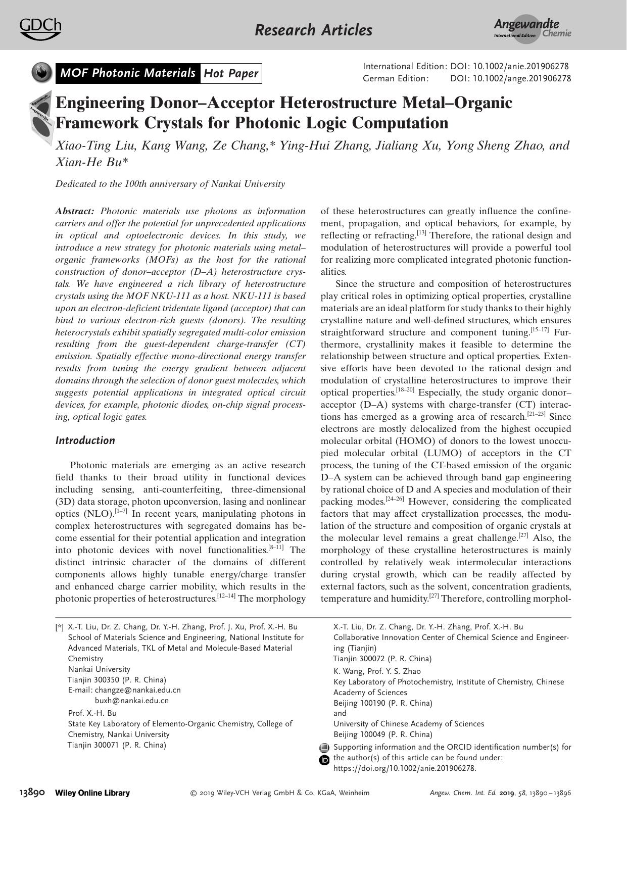 Engineering DonorâAcceptor Heterostructure MetalâOrganic Framework Crystals for Photonic Logic Computation by Unknown