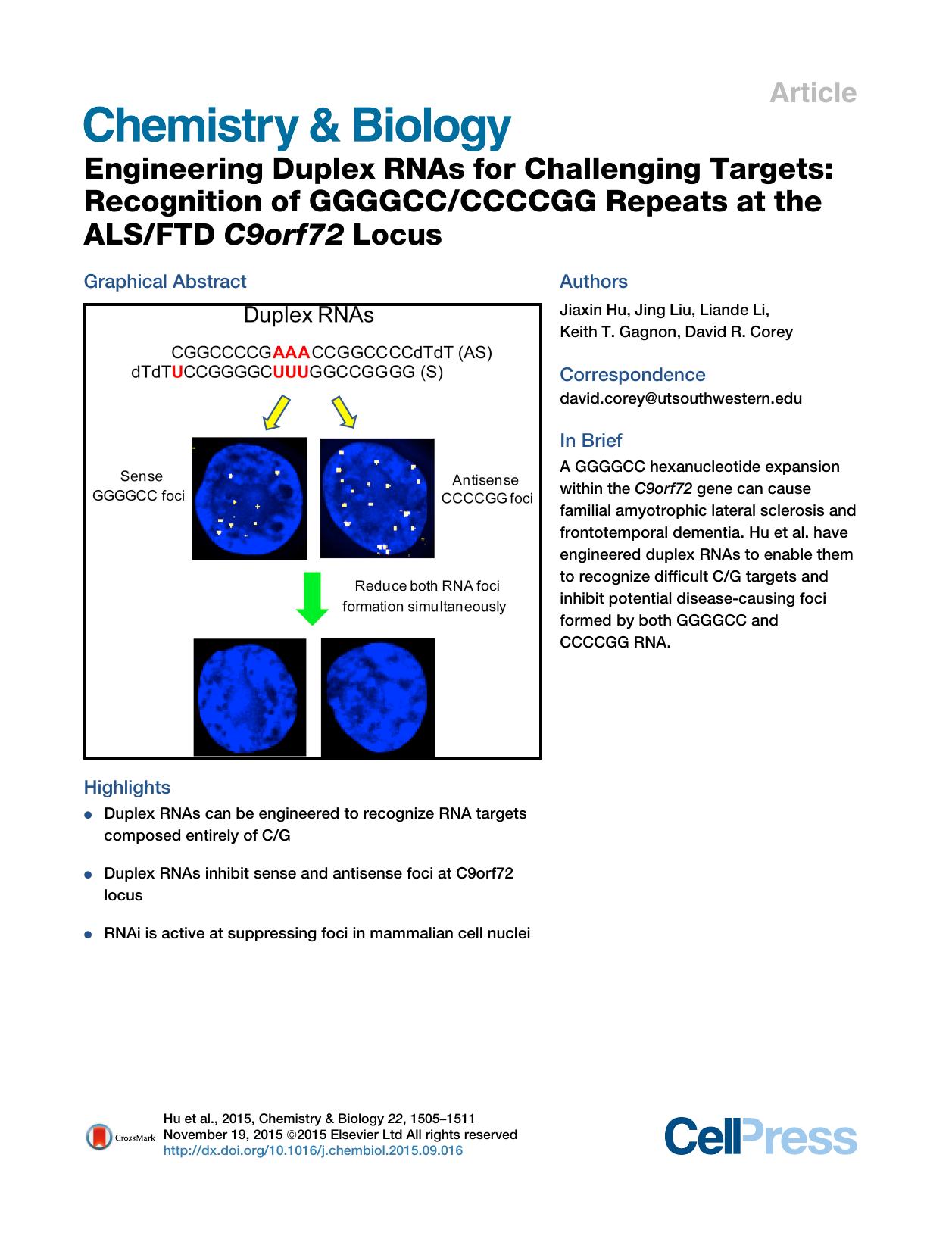 Engineering Duplex RNAs for Challenging Targets: Recognition of GGGGCCCCCCGG Repeats at the ALSFTD C9orf72 Locus by Jiaxin Hu & Jing Liu & Liande Li & Keith T. Gagnon & David R. Corey