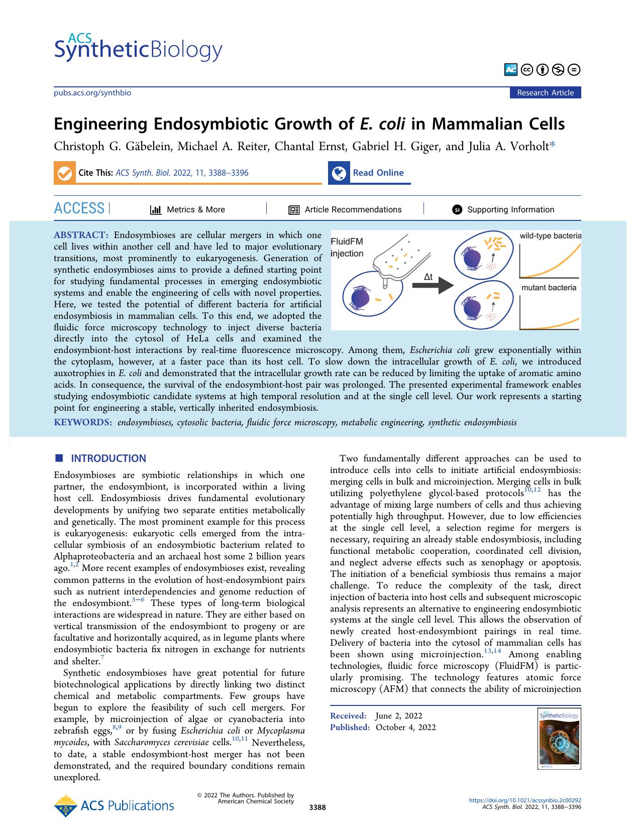 Engineering Endosymbiotic Growth of E. coli in Mammalian Cells by Christoph G. Gäbelein Michael A. Reiter Chantal Ernst Gabriel H. Giger and Julia A. Vorholt