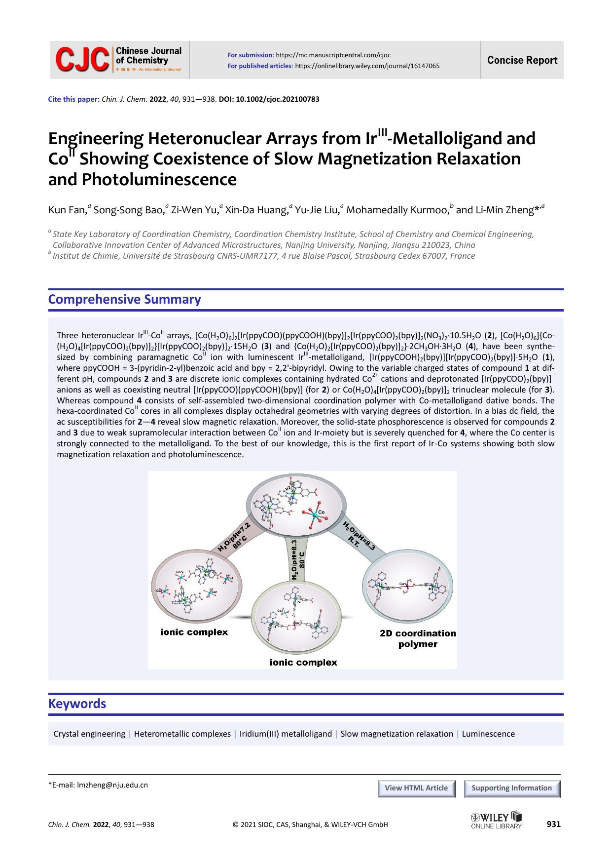Engineering Heteronuclear Arrays from IrIII-metalloligand and CoII Showing Coexistence of Slow Magnetization Relaxation and Photoluminescence by 个人用户