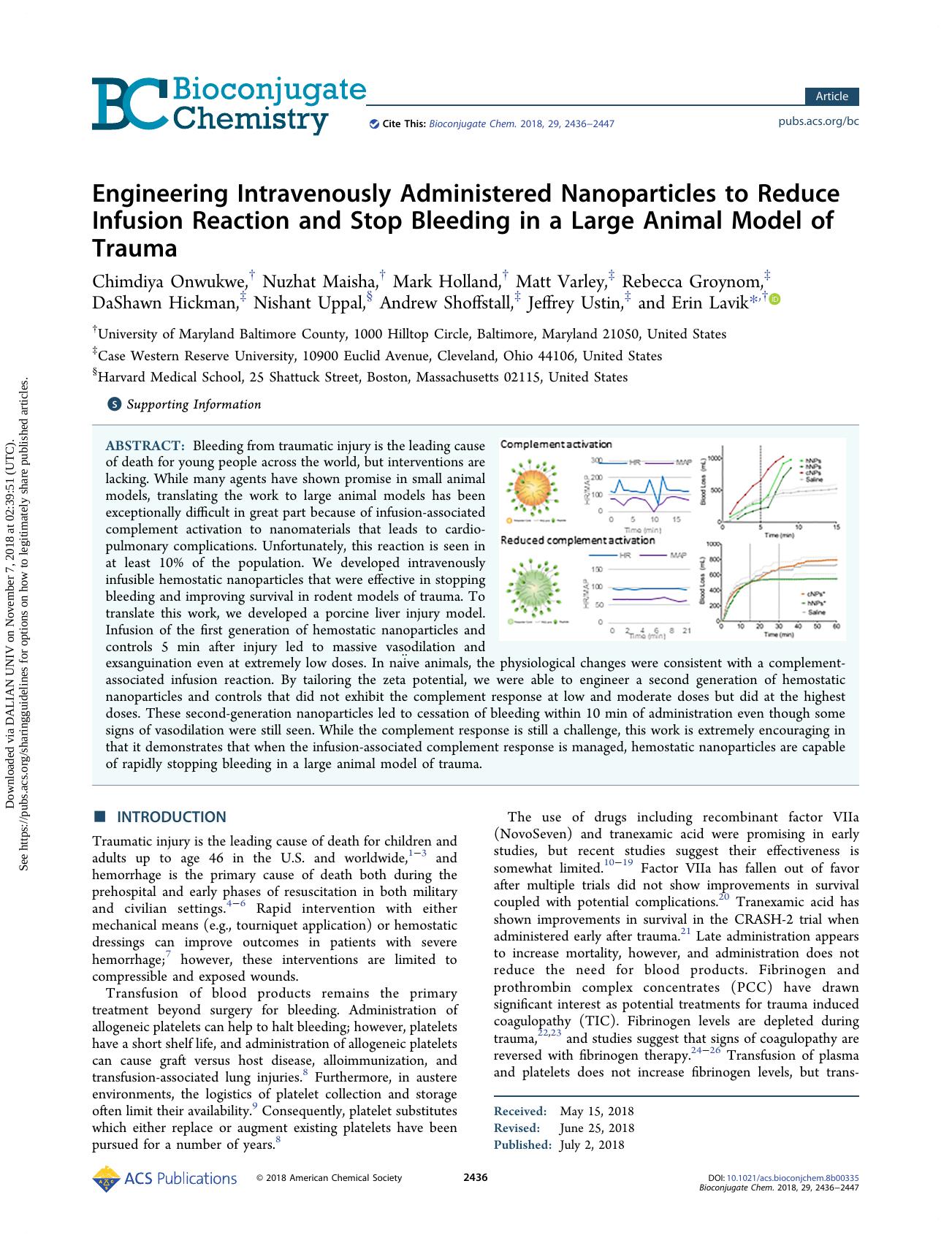 Engineering Intravenously Administered Nanoparticles to Reduce Infusion Reaction and Stop Bleeding in a Large Animal Model of Trauma by unknow