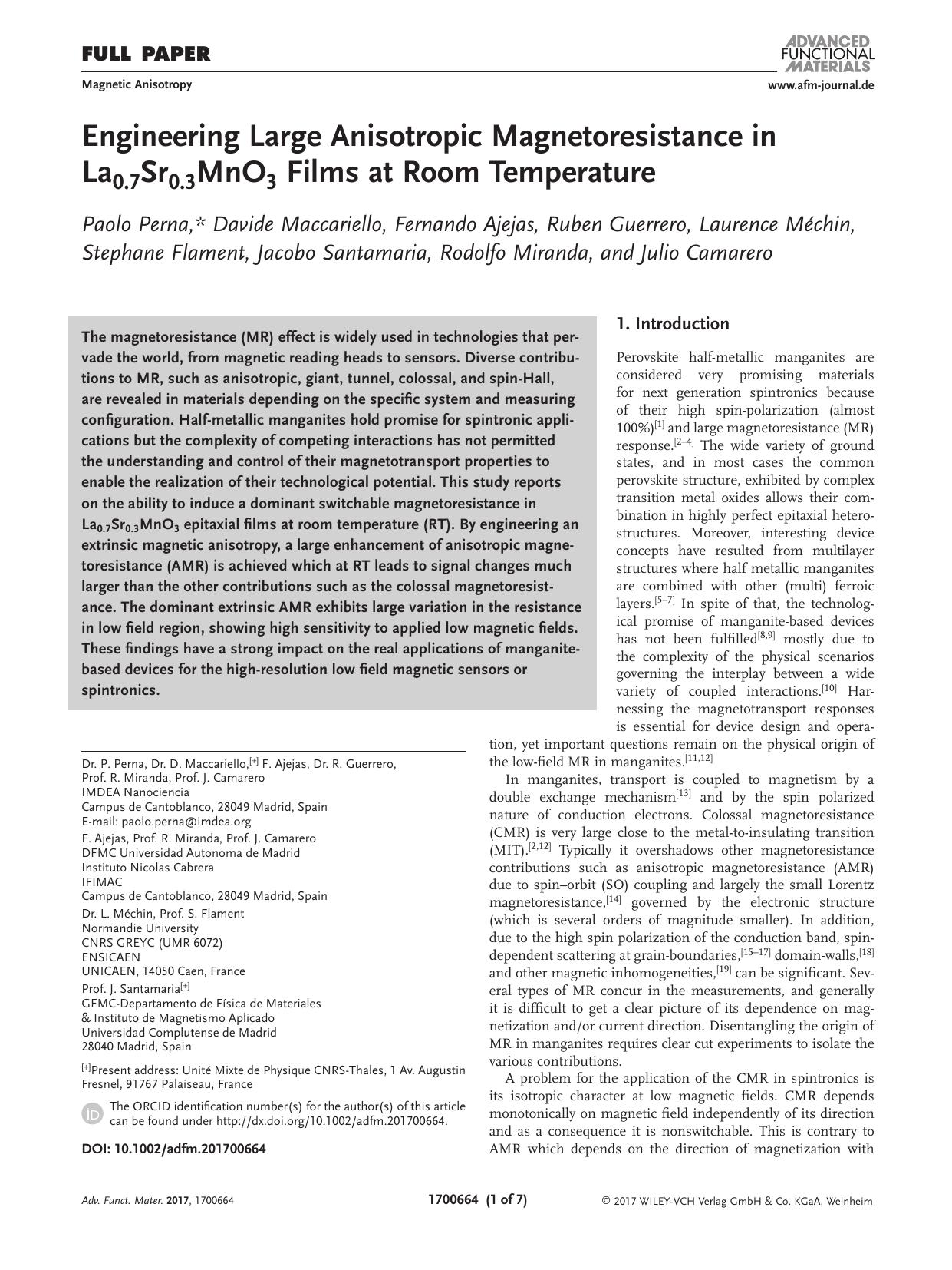 Engineering Large Anisotropic Magnetoresistance in La0.7Sr0.3MnO3 Films at Room Temperature by Unknown