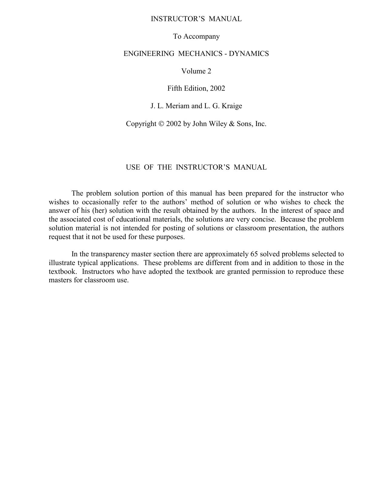 Engineering Mechanics DYNAMICS by L. Meriam and L. G. Kraige
