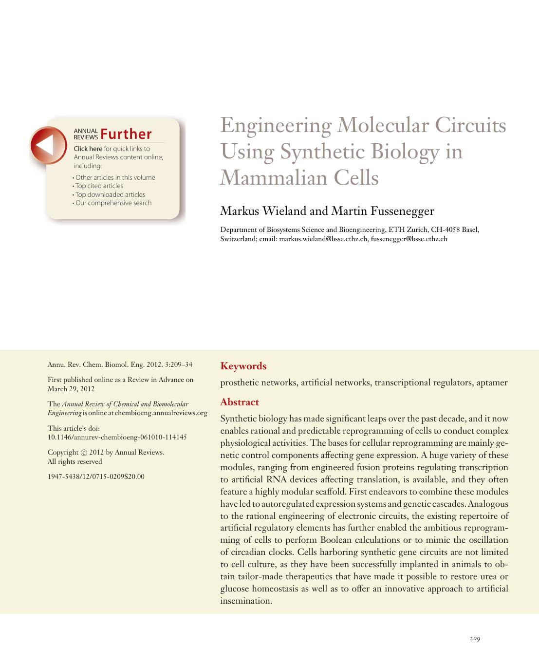 Engineering Molecular Circuits Using Synthetic Biology in Mammalian Cells by Markus Wieland and Martin Fussenegger