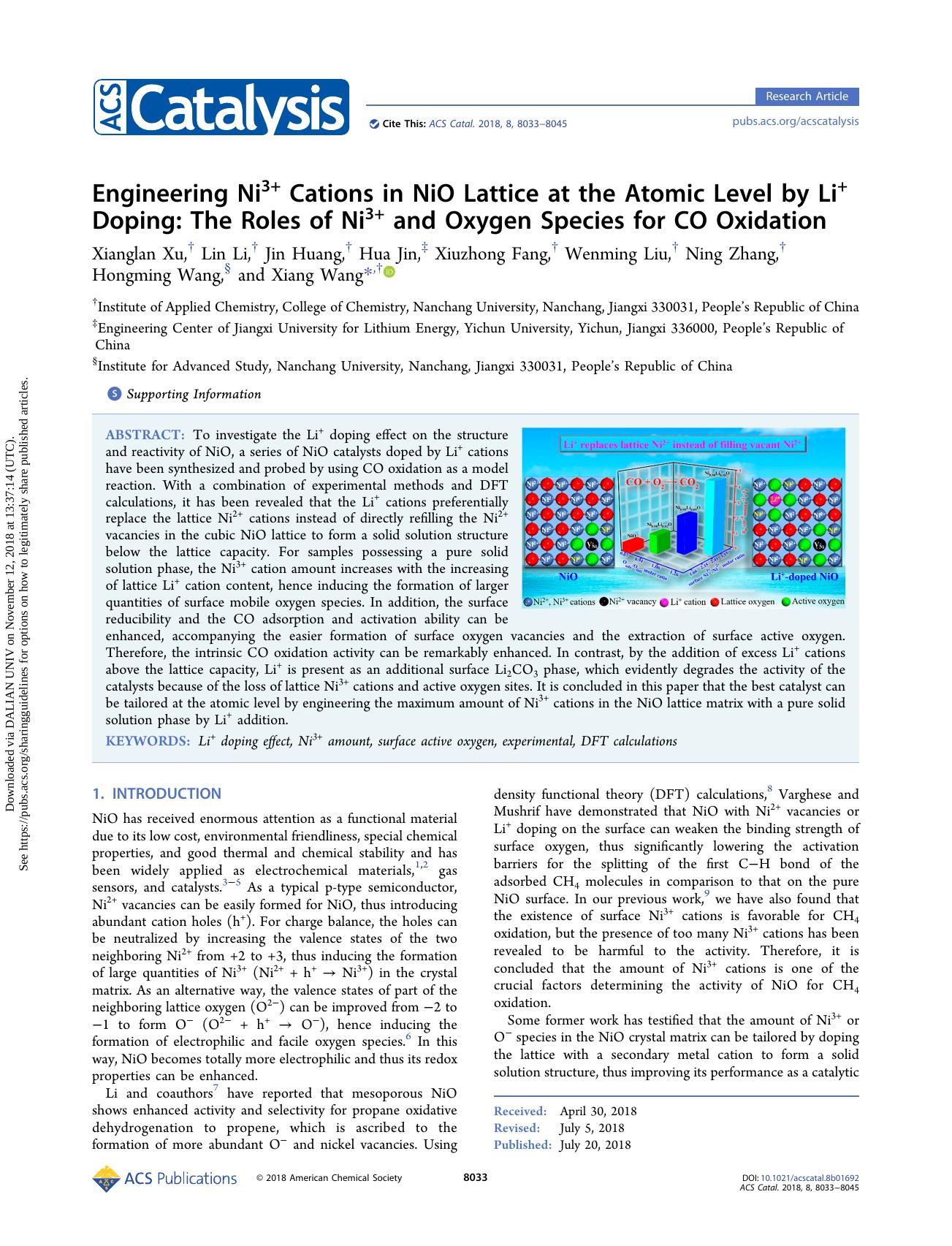Engineering Ni3+ Cations in NiO Lattice at the Atomic Level by Li+ Doping: The Roles of Ni3+ and Oxygen Species for CO Oxidation by unknow