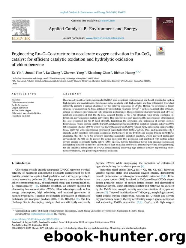 Engineering RuâOâCo structure to accelerate oxygen activation in Ru-CoOx catalyst for efficient catalytic oxidation and hydrolytic oxidation of chlorobenzene by Ke Yin & Juntai Tian & Lu Cheng & Zhewen Yang & Xiaodong Chen & Bichun Huang