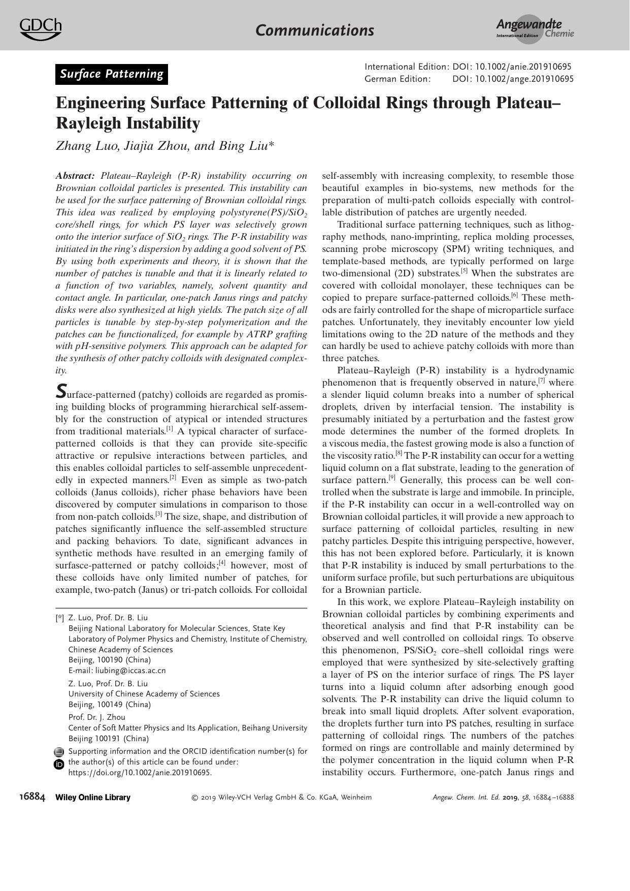 Engineering Surface Patterning of Colloidal Rings through PlateauâRayleigh Instability by Unknown