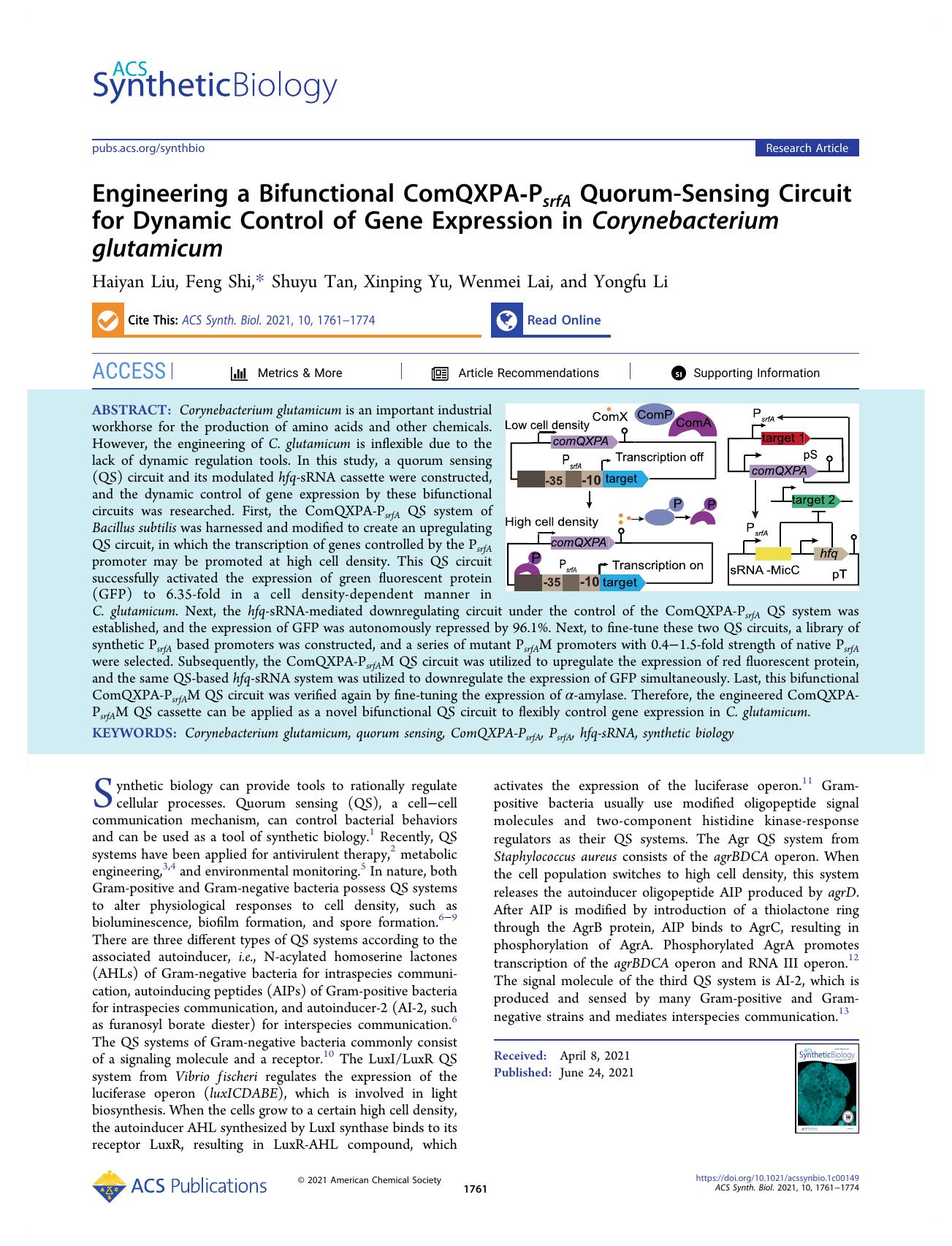 Engineering a Bifunctional ComQXPA-PsrfA Quorum-Sensing Circuit for Dynamic Control of Gene Expression in Corynebacterium glutamicum by Haiyan Liu Feng Shi Shuyu Tan Xinping Yu Wenmei Lai and Yongfu Li