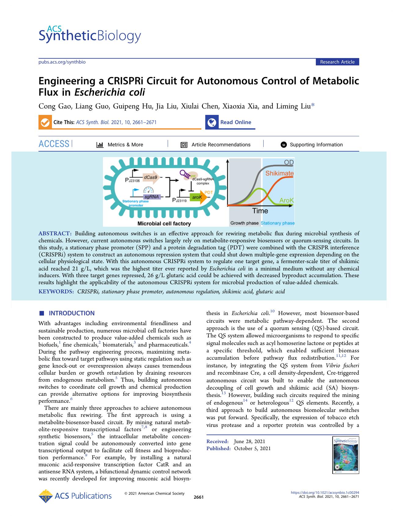 Engineering a CRISPRi Circuit for Autonomous Control of Metabolic Flux in Escherichia coli by Cong Gao Liang Guo Guipeng Hu Jia Liu Xiulai Chen Xiaoxia Xia and Liming Liu