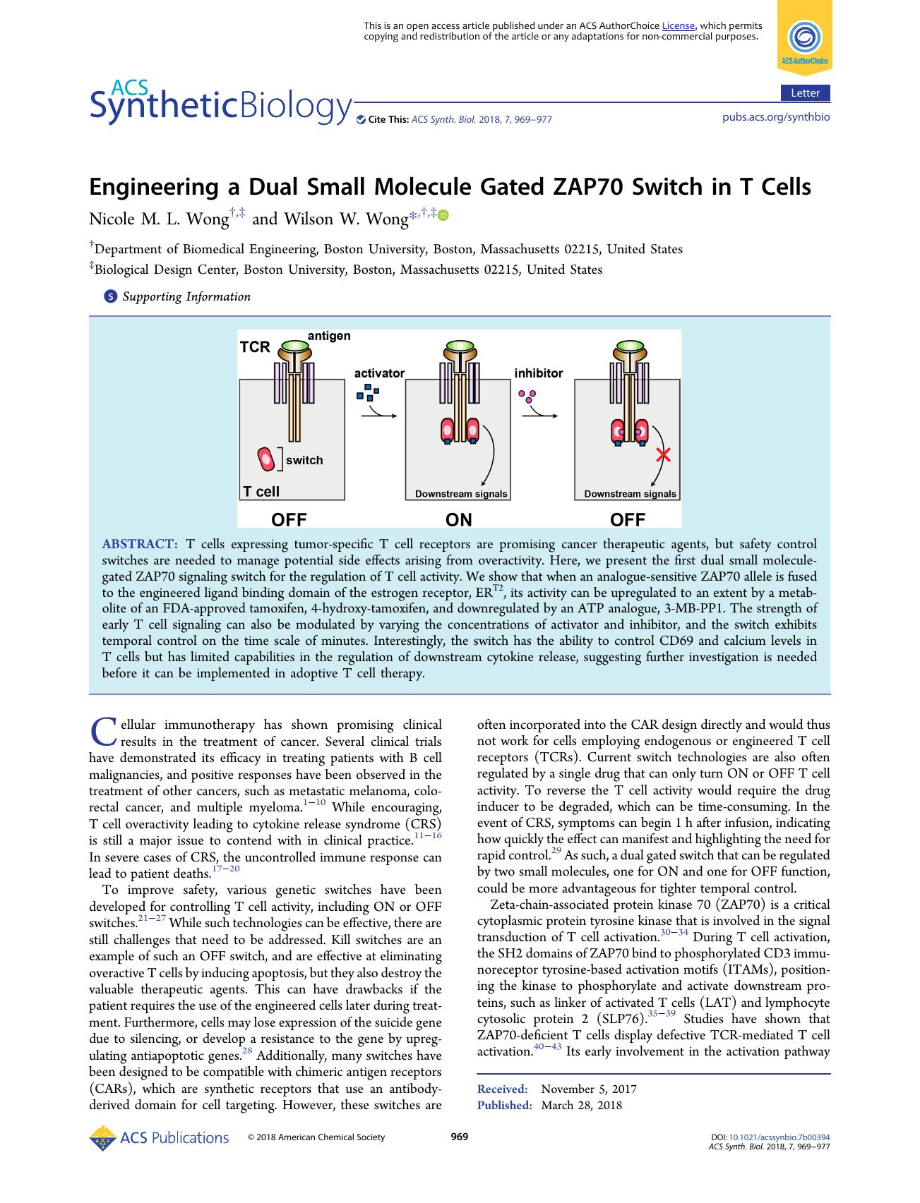 Engineering a Dual Small Molecule Gated ZAP70 Switch in T Cells by Nicole M. L. Wong and Wilson W. Wong