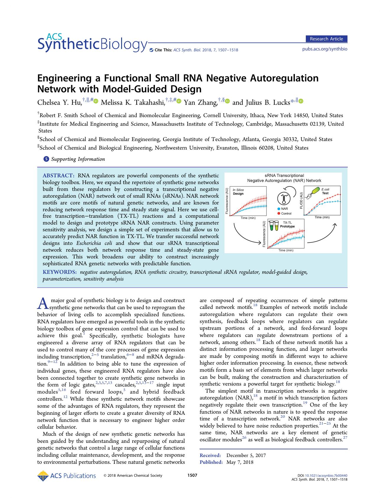 Engineering a Functional Small RNA Negative Autoregulation Network with Model-Guided Design by Chelsea Y. Hu Melissa K. Takahashi Yan Zhang and Julius B. Lucks