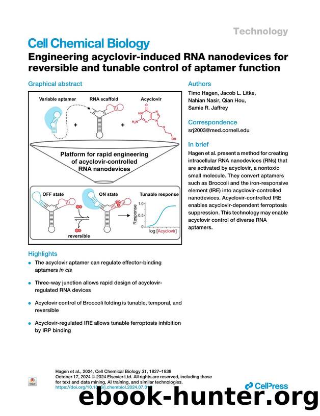 Engineering acyclovir-induced RNA nanodevices for reversible and tunable control of aptamer function by Timo Hagen & Jacob L. Litke & Nahian Nasir & Qian Hou & Samie R. Jaffrey