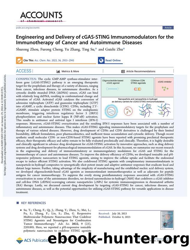 Engineering and Delivery of cGAS-STING Immunomodulators for the Immunotherapy of Cancer and Autoimmune Diseases by Shurong Zhou Furong Cheng Yu Zhang Ting Su & Guizhi Zhu