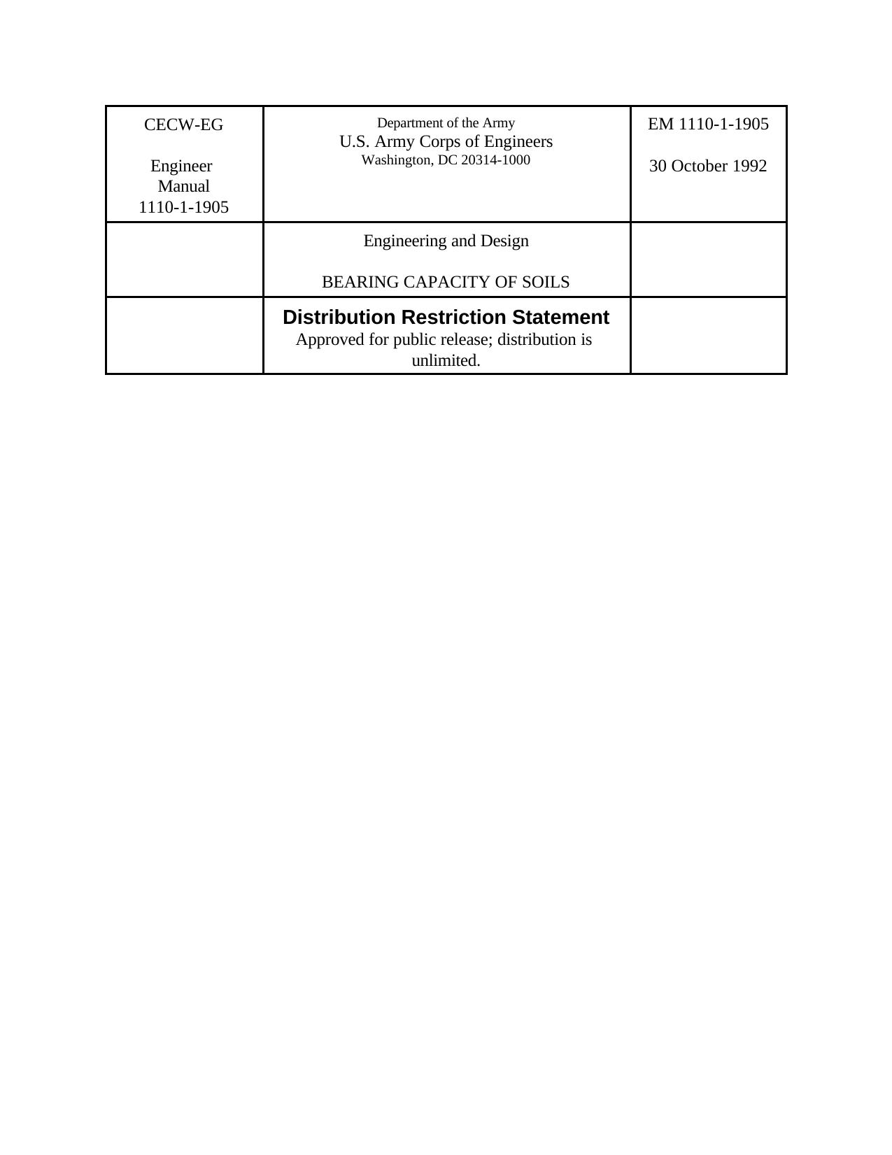 Engineering and Design - Bearing Capacity of Soils by Department of the Army U.S. Army Corps of Engineers Washington DC 20314-1000