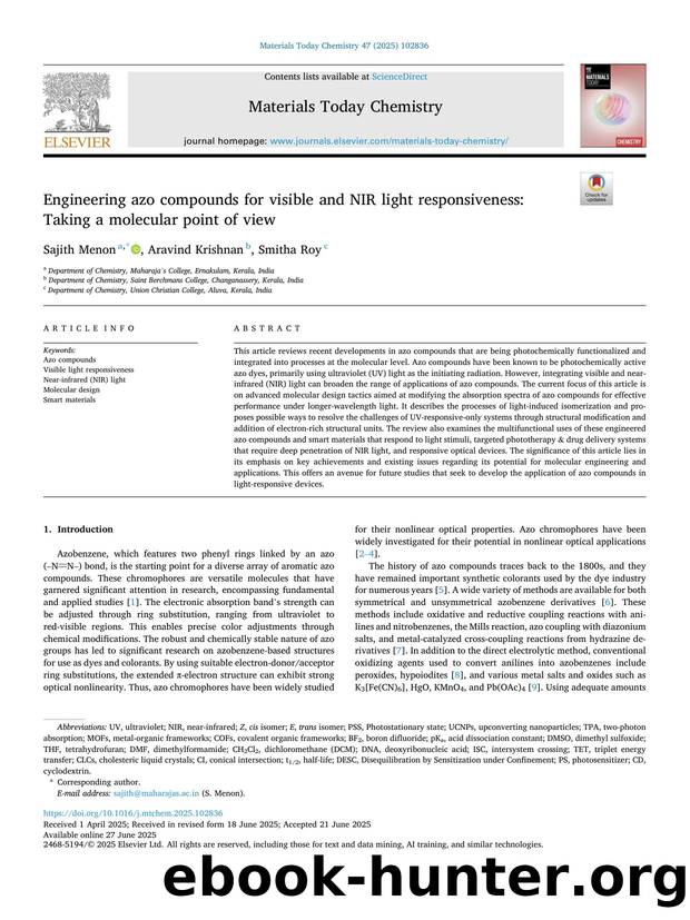 Engineering azo compounds for visible and NIR light responsiveness: Taking a molecular point of view by Sajith Menon & Aravind Krishnan & Smitha Roy