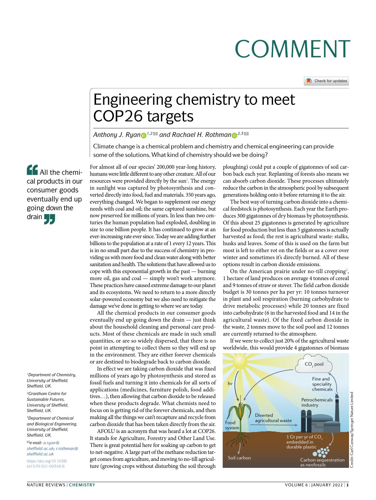 Engineering chemistry to meet COP26 targets by Anthony J. Ryan & Rachael H. Rothman
